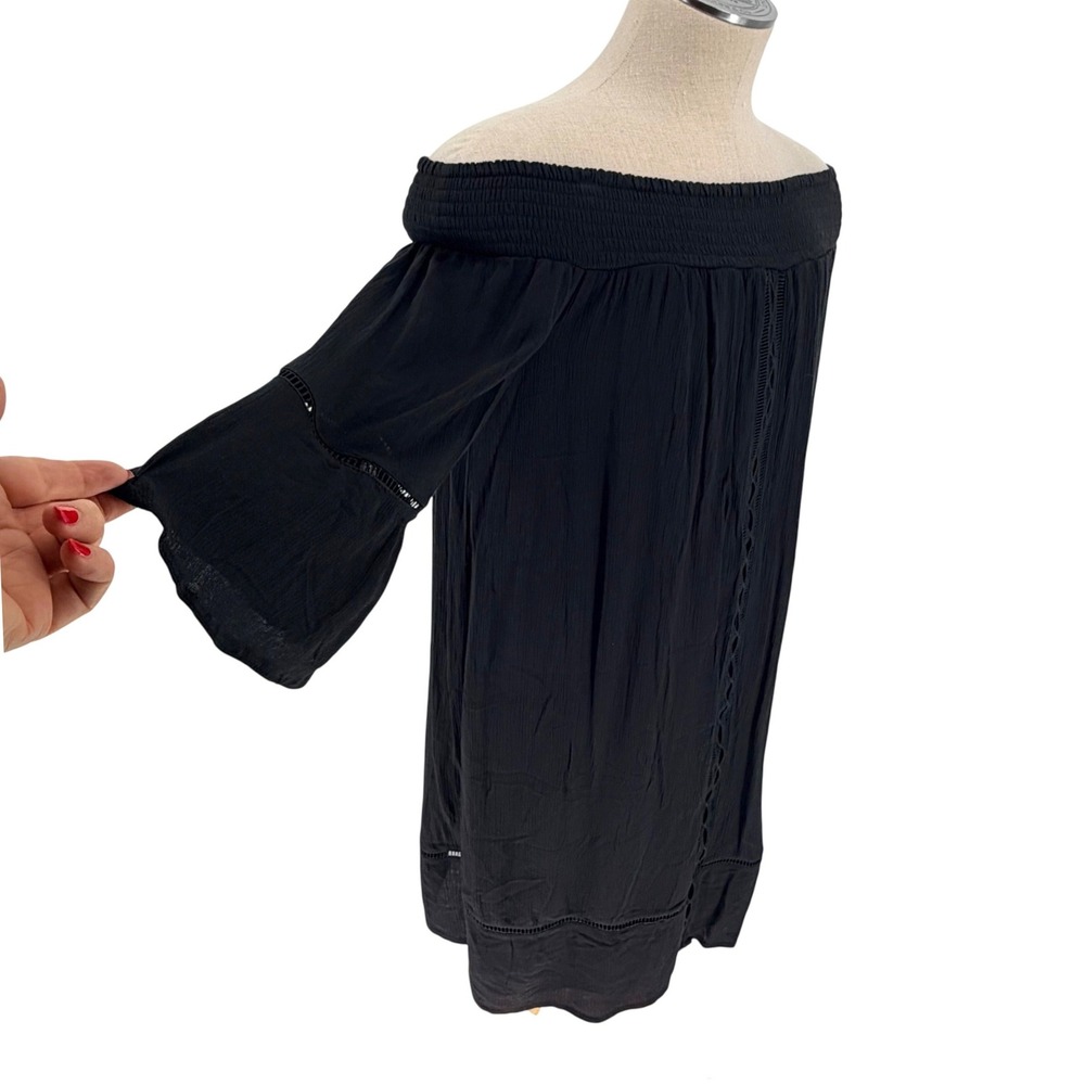 Mossimo Dress Large Black Off-the-Shoulder Crochet Trim Bell Sleeve Boho Gauze